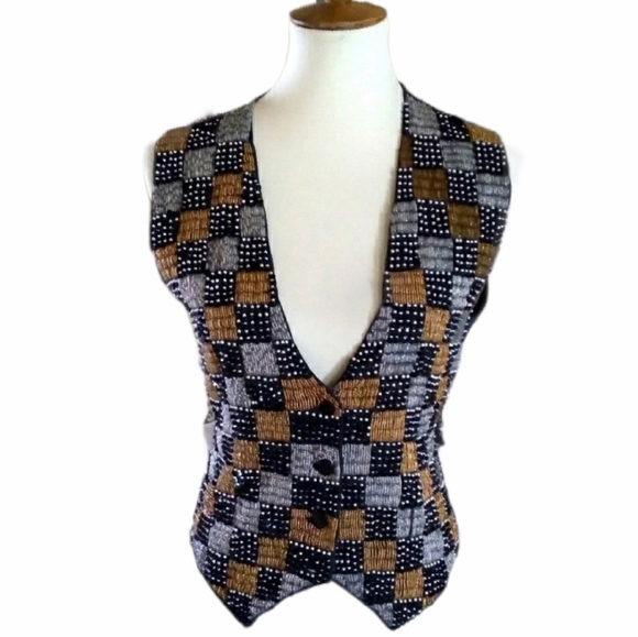 Vintage - Beaded Black & Gold & Pearl Vest